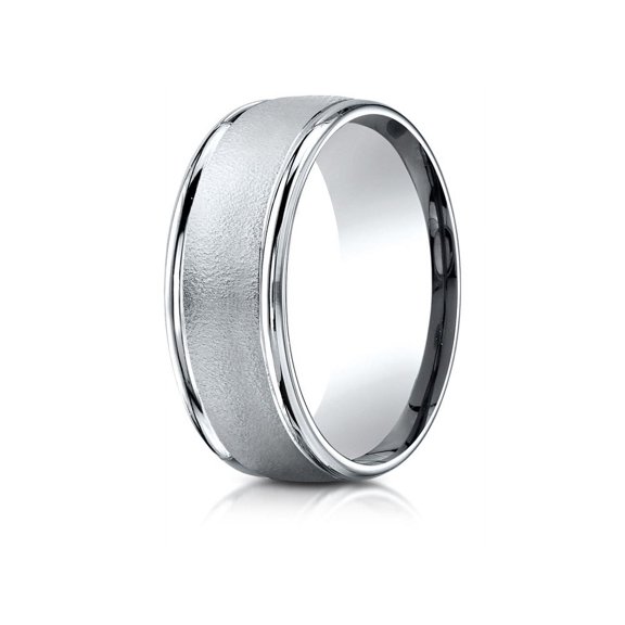 Benchmarkďż˝ 14k Gold 8mm Comfort-fit Wire Brush Finish High Polished Round Edge Carved Design Wedding Band Ring