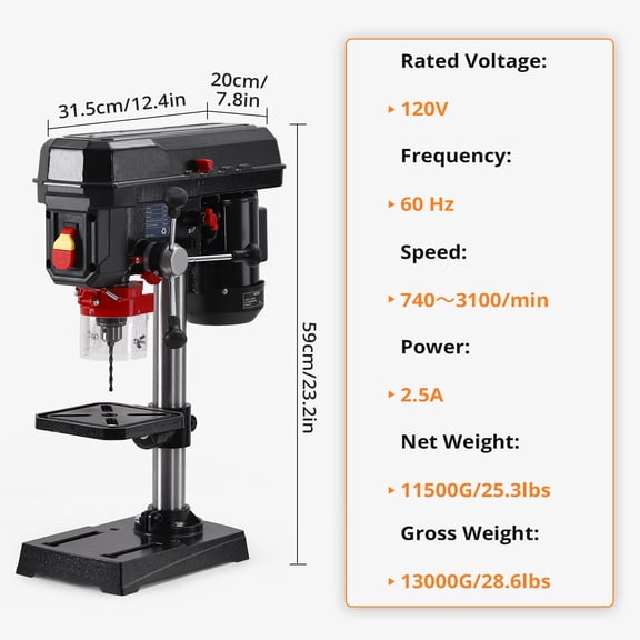 Benchtop Drill Press, 8 Inch Adjustable Speed Drill Press with 2.5A Motor & Tilting Worktable (0‑45°), Professional Bench Drill Press for Wood and Metal Drilling