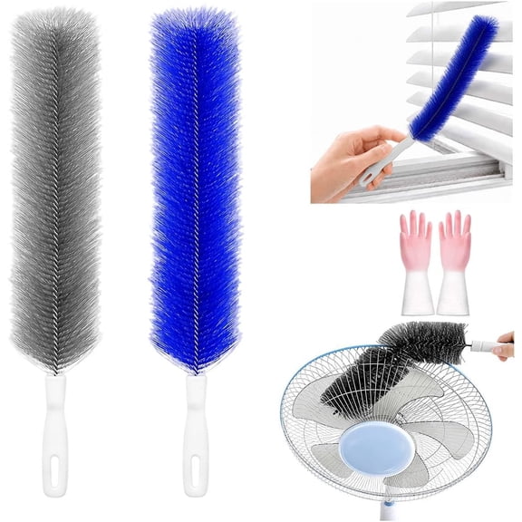 Bendable Microfiber Duster, Reusable Flexible Dust Remover Brush with Soft Fluffy Head, Washable Cleaning Tool for Fans, Blinds, Vents, Window Tracks, Furniture, and Car Interior (2, Blue+Gray)
