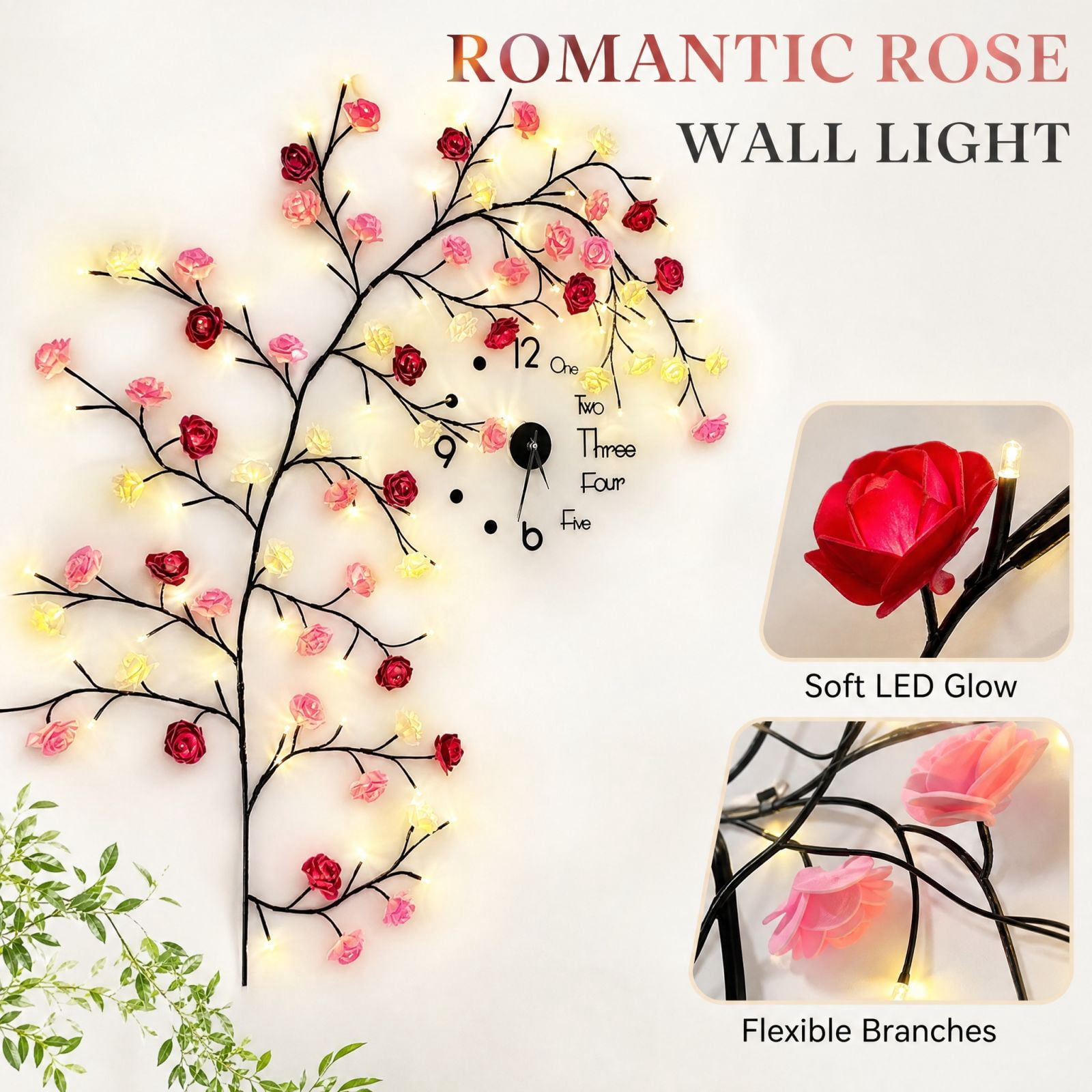 Led Light Sign Roses Bendable Rose LED Branch Light,74 Inch Wall Hanging Vine Lamp,96 LEDs ...