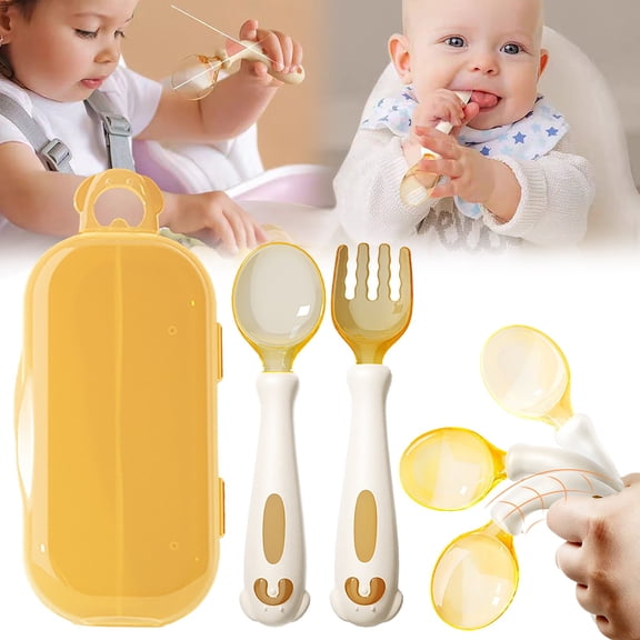 Toddler Utensils Self Feeding Flatware Set with Travel Case,Baby Spoons and forks with Silicone Bendable Handle Easy Grip,Heat Ideal for Kids Stage