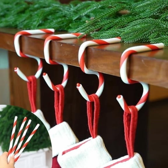 Bendable Stocking Holders for Mantle, Set of 4 Christmas Hooks Fireplace Stocking and Garland Hanger for Mantel, Non-Slip Adjustable Red and White Candy Cane Decor Xmas Decorations$$
