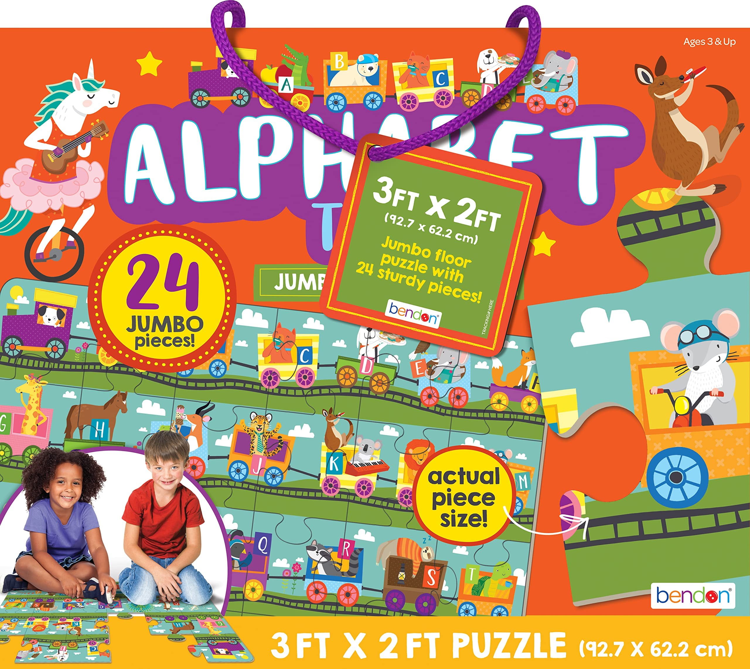 Bendon Alphabet Letter Train Shaped Jumbo Jigsaw Floor Puzzle 24 pcs, 3 x 2 feet Long - Kids Vehicle Puzzles, Large Floor Puzzles for Preschoolers and Kids Ages 3+