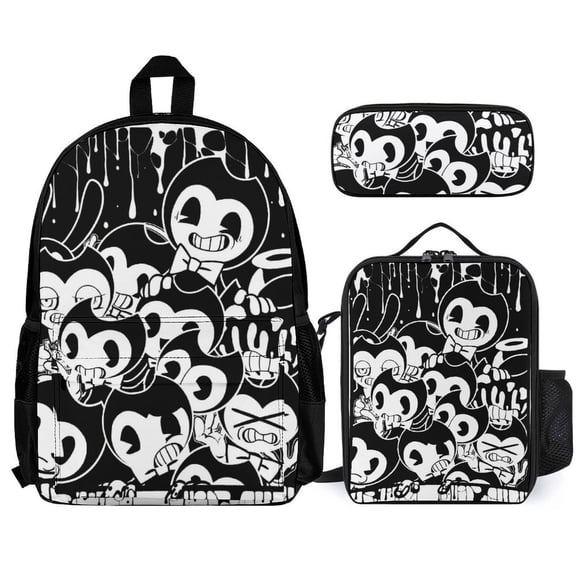 Bendy And The Ink Machine (1) Fun cartoon three-piece backpack set: includes backpack lunch box and pencil case One size
