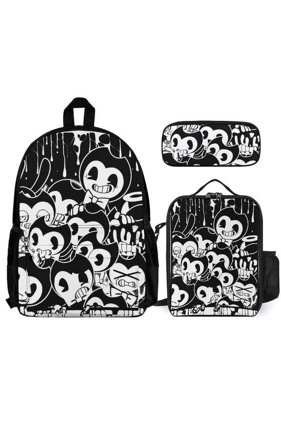 Bendy And The Ink Machine (1) Fun cartoon three-piece backpack set: includes backpack lunch box and pencil case One size