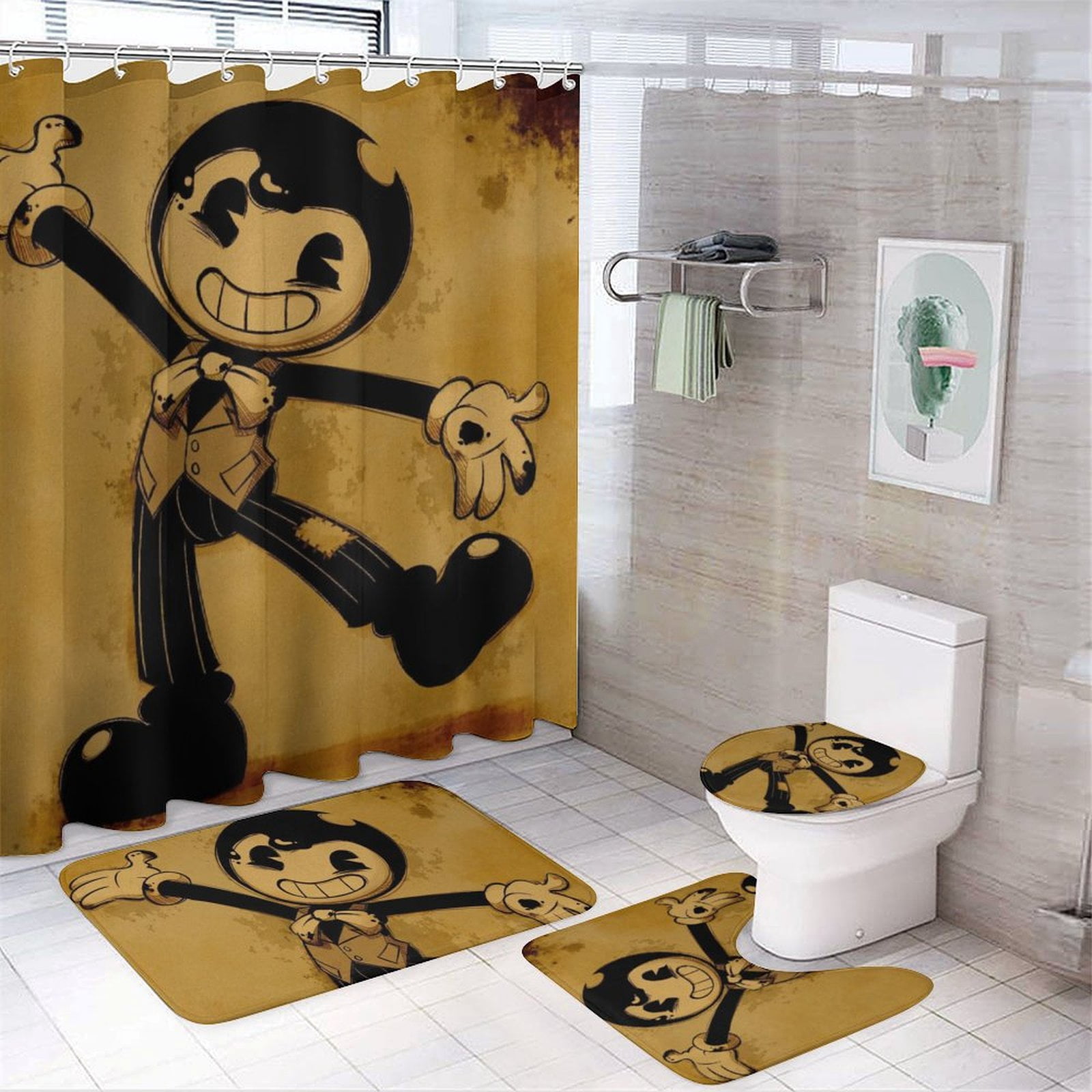 Bendy And The Ink Machine 4 Piece Shower Curtain Set with Non-Slip Rugs ...