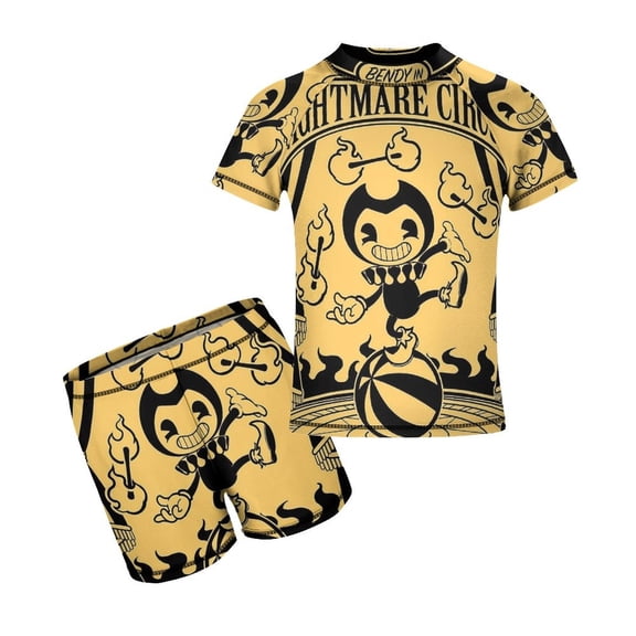 Bendy And The Ink Machine Boys 2-Piece Swimsuit Set, Short Sleeve Rash Guard & Swim Trunks for Kids