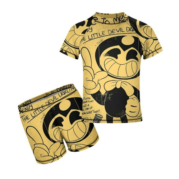 Bendy And The Ink Machine Boys 2-Piece Swimsuit Set, Short Sleeve Rash Guard & Swim Trunks for Kids