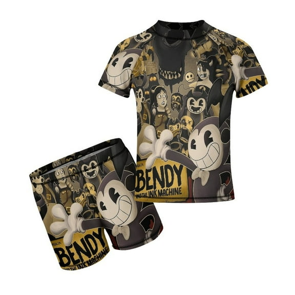 Bendy And The Ink Machine Boys 2-Piece Swimsuit Set, Short Sleeve Rash Guard & Swim Trunks for Kids