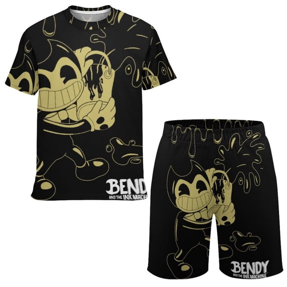 Bendy And The Ink Machine Boys T-Shirt And Shorts Outfit Set Athletic Short Sleeve Tee Mesh Shorts Set for Kids