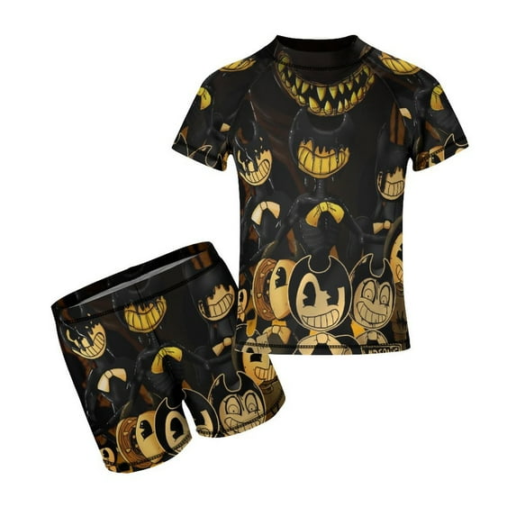 Bendy And The Ink Machine Boys Two Piece Rash Guard Swimsuits Kids Short Sleeve Swimwear Sets Bathing Suit