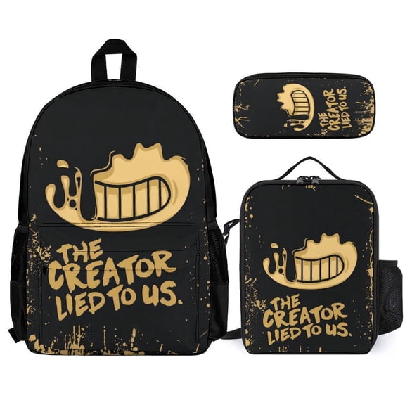 Bendy And The Ink Machine Fun cartoon three-piece backpack set: includes backpack lunch box and pencil case One size