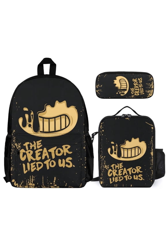 Bendy And The Ink Machine Fun cartoon three-piece backpack set: includes backpack lunch box and pencil case One size