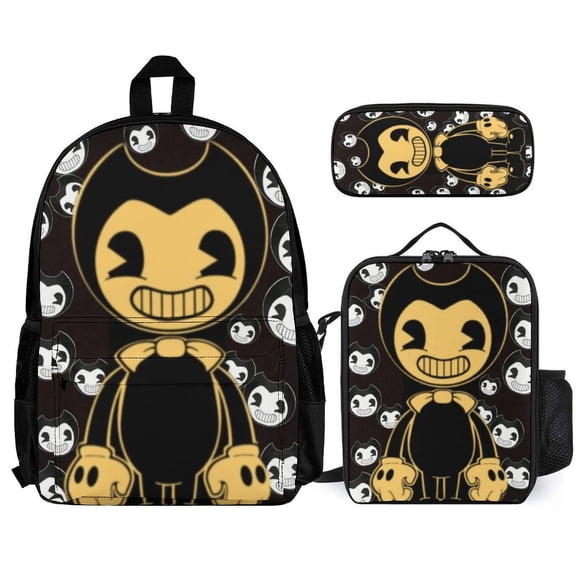 Bendy And The Ink Machine Fun cartoon three-piece backpack set: includes backpack lunch box and pencil case One size
