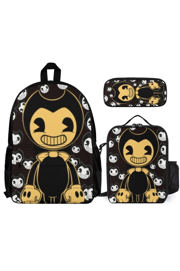 Bendy And The Ink Machine Fun cartoon three-piece backpack set: includes backpack lunch box and pencil case One size