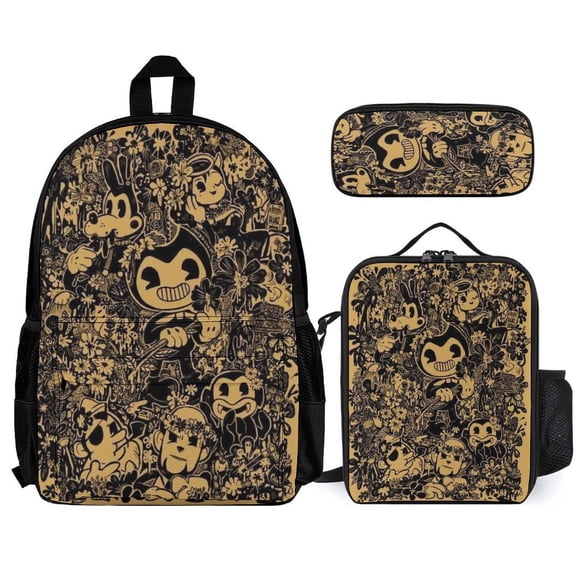 Bendy And The Ink Machine Fun cartoon three-piece backpack set: includes backpack lunch box and pencil case One size