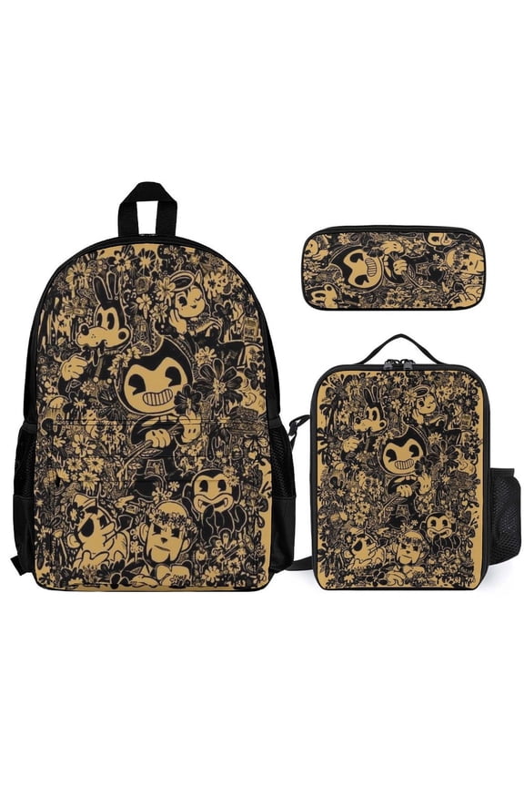 Bendy And The Ink Machine Fun cartoon three-piece backpack set: includes backpack lunch box and pencil case One size