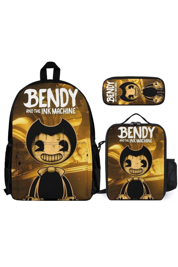 Bendy And The Ink Machine Fun cartoon three-piece backpack set: includes backpack lunch box and pencil case One size