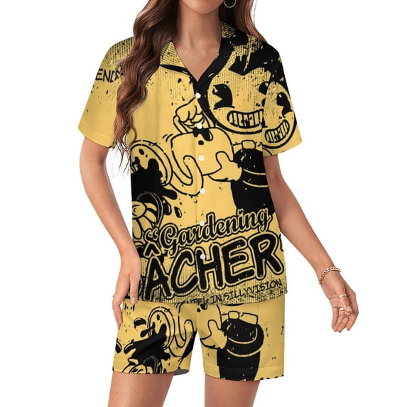 Bendy And The Ink Machine Women Pajamas Set Short Sleeve Sleepwear Button Down Nightwear Soft Pjs Set with Pockets