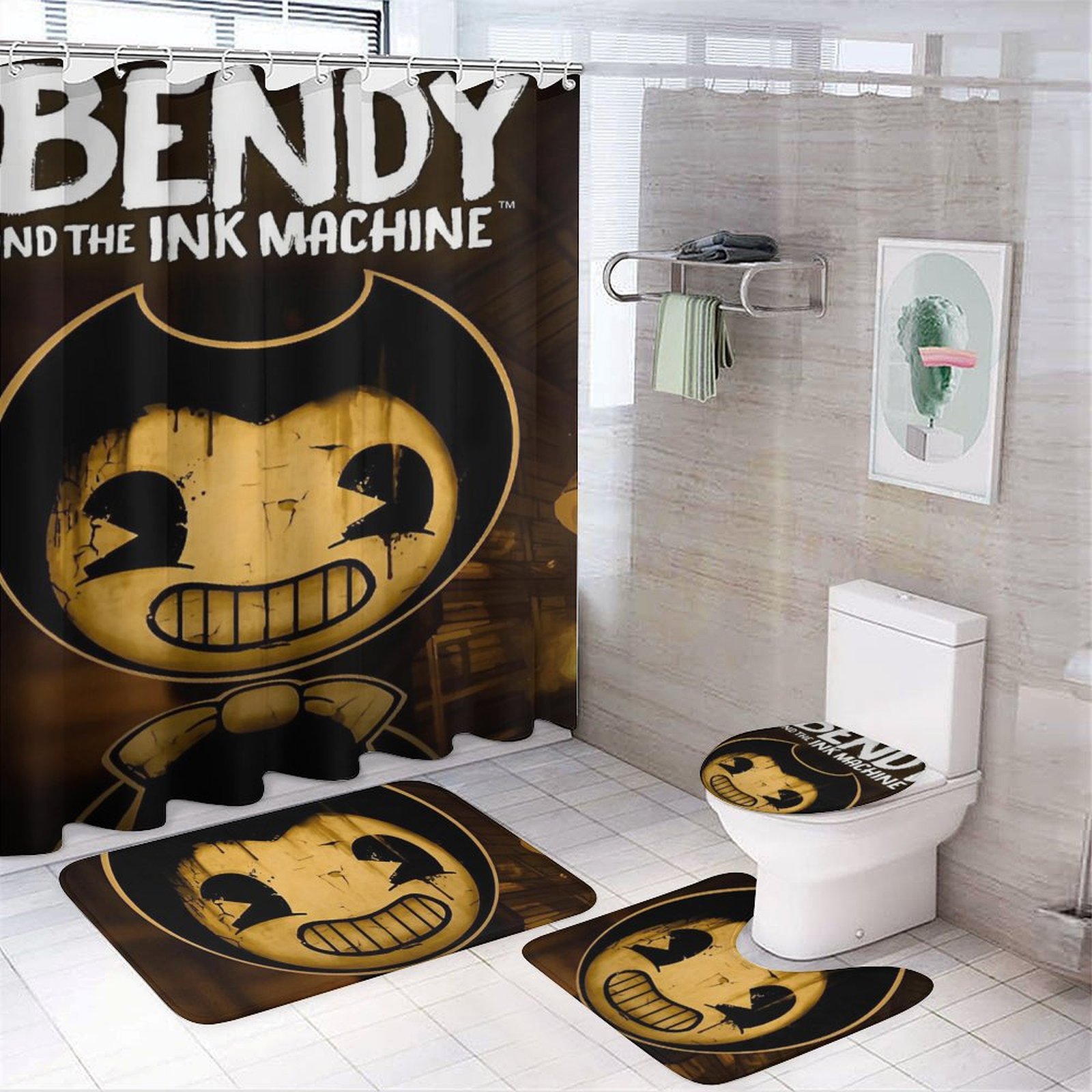 Bendy And The Ink Machine 4 Pcs Shower Curtain Set Bathroom Sets Shower ...
