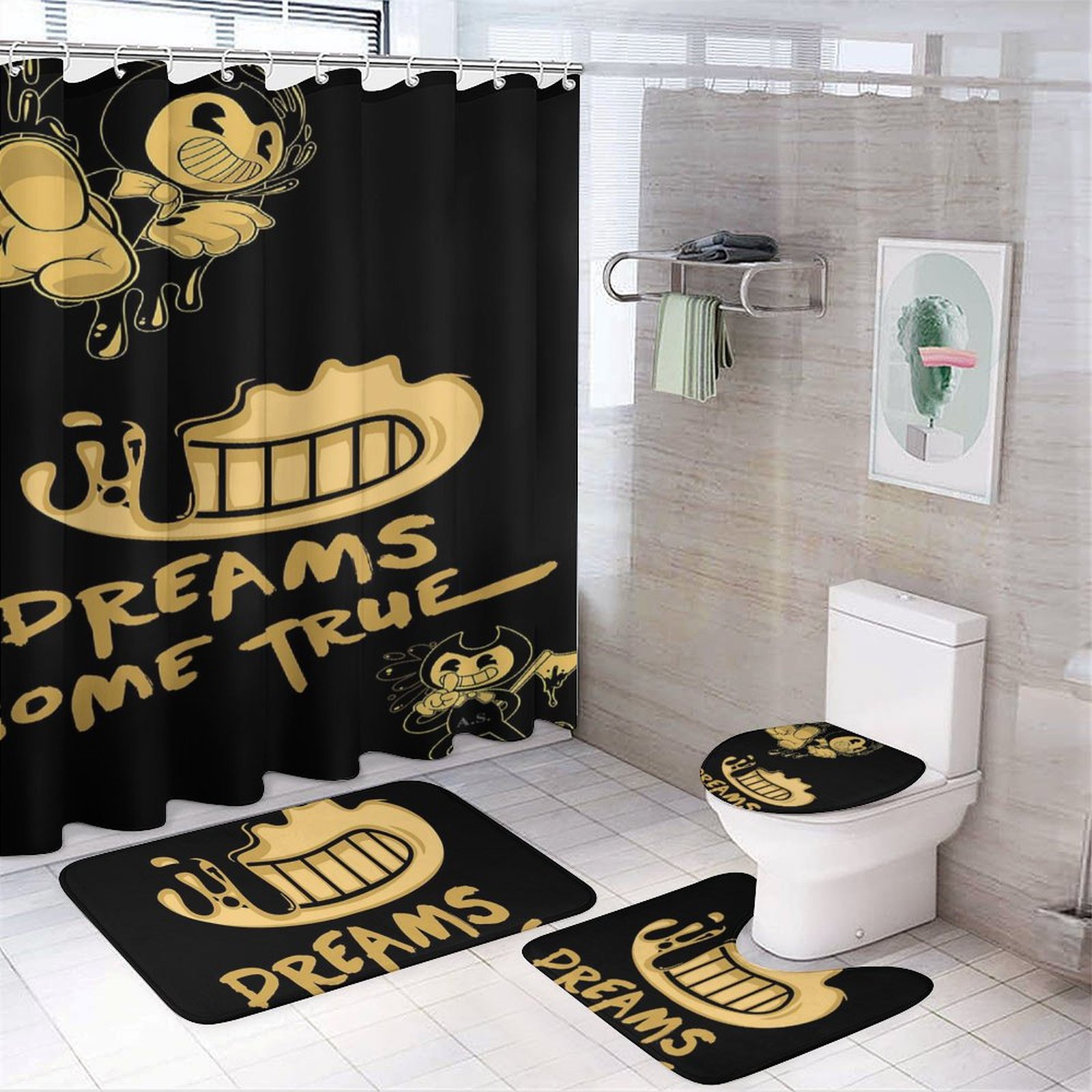 Bendy And The Ink Machine 4 Piece Shower Curtain Set with Non-Slip Rugs ...