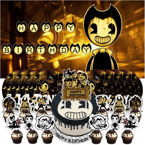 Bendy and the Ink Machine Birthday Party Decor Set - 5x2.3ft Backdrop Banner, Paper Plates, Cake Toppers & Fan Decorations