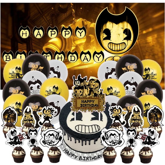 Bendy and the Ink Machine Birthday Party Decor Set - 5x2.3ft Themed Backdrop Banner, Latex Balloons & Cake Toppers Party Supplies