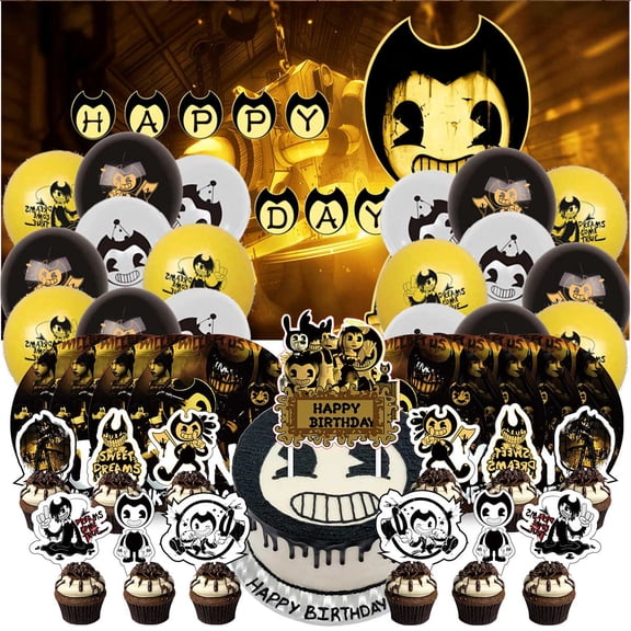 Bendy and the Ink Machine Themed Birthday Party Decor Set - Balloons, Paper Plates, Cake Toppers, Tableware & 5x2.3ft Backdrop Banner