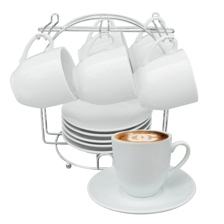 Bene Casa 13-piece Espresso set with metal stand, 4 espresso cup set, cup  and saucer set,4-person espresso set, dishwasher safe, White High Glaze 