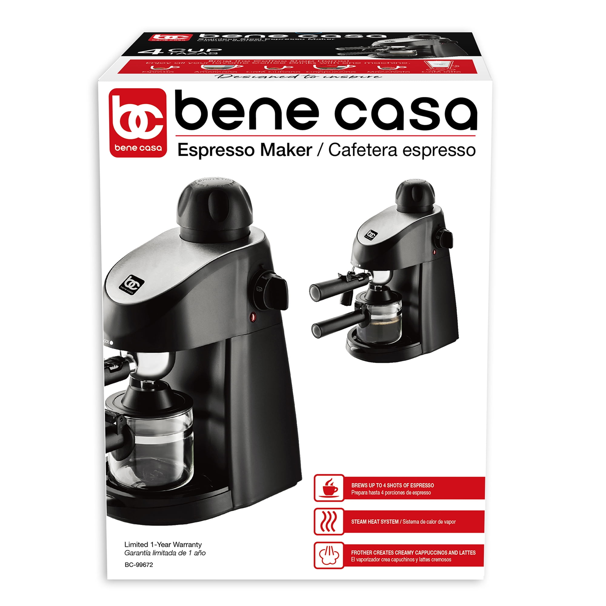 Bene Casa 4-cup espresso maker, black, milk frother, glass carafe