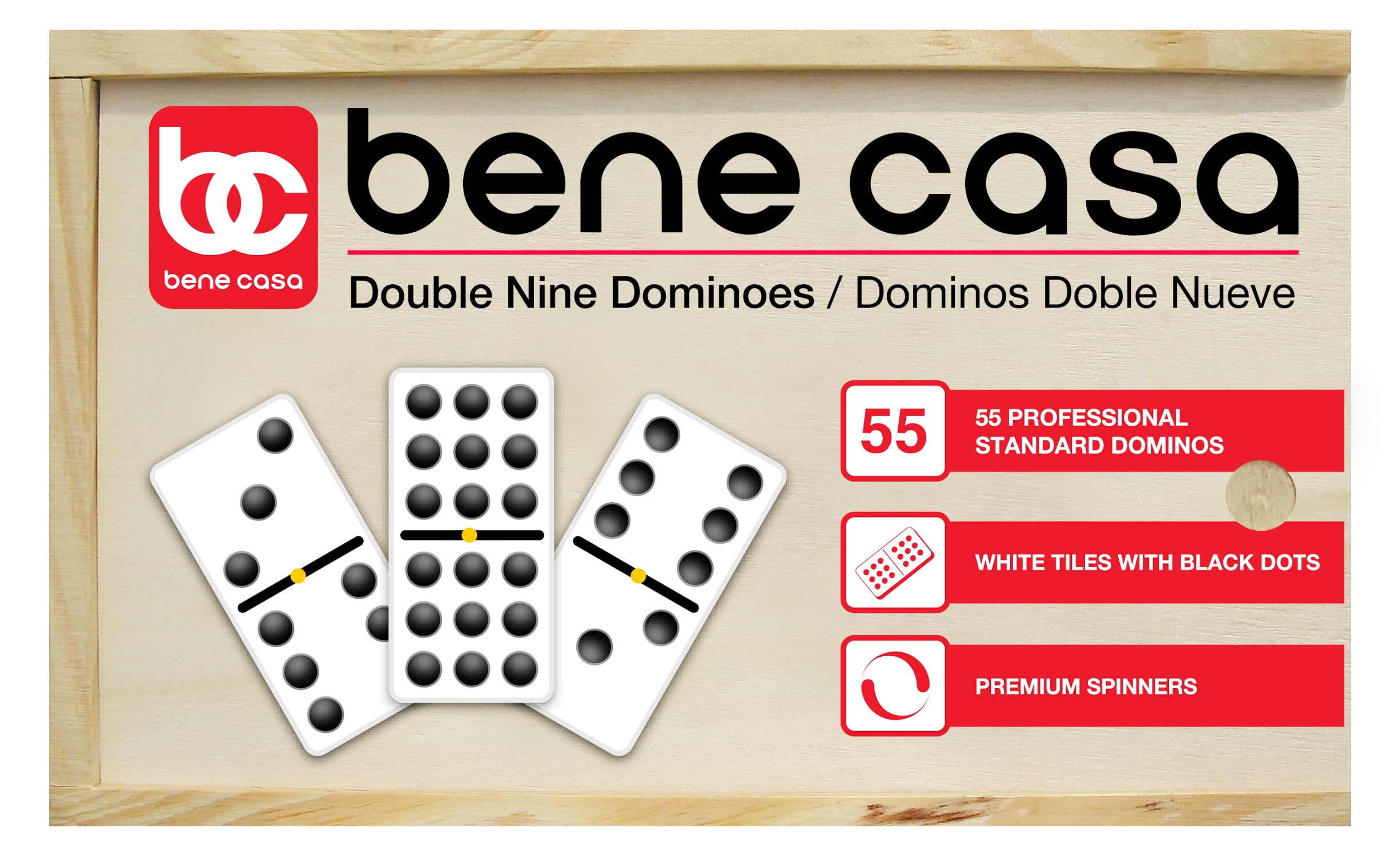Bene Casa 55-Tile Double 9 Classic Domino Set with Wooden Storage Box, Glossy White