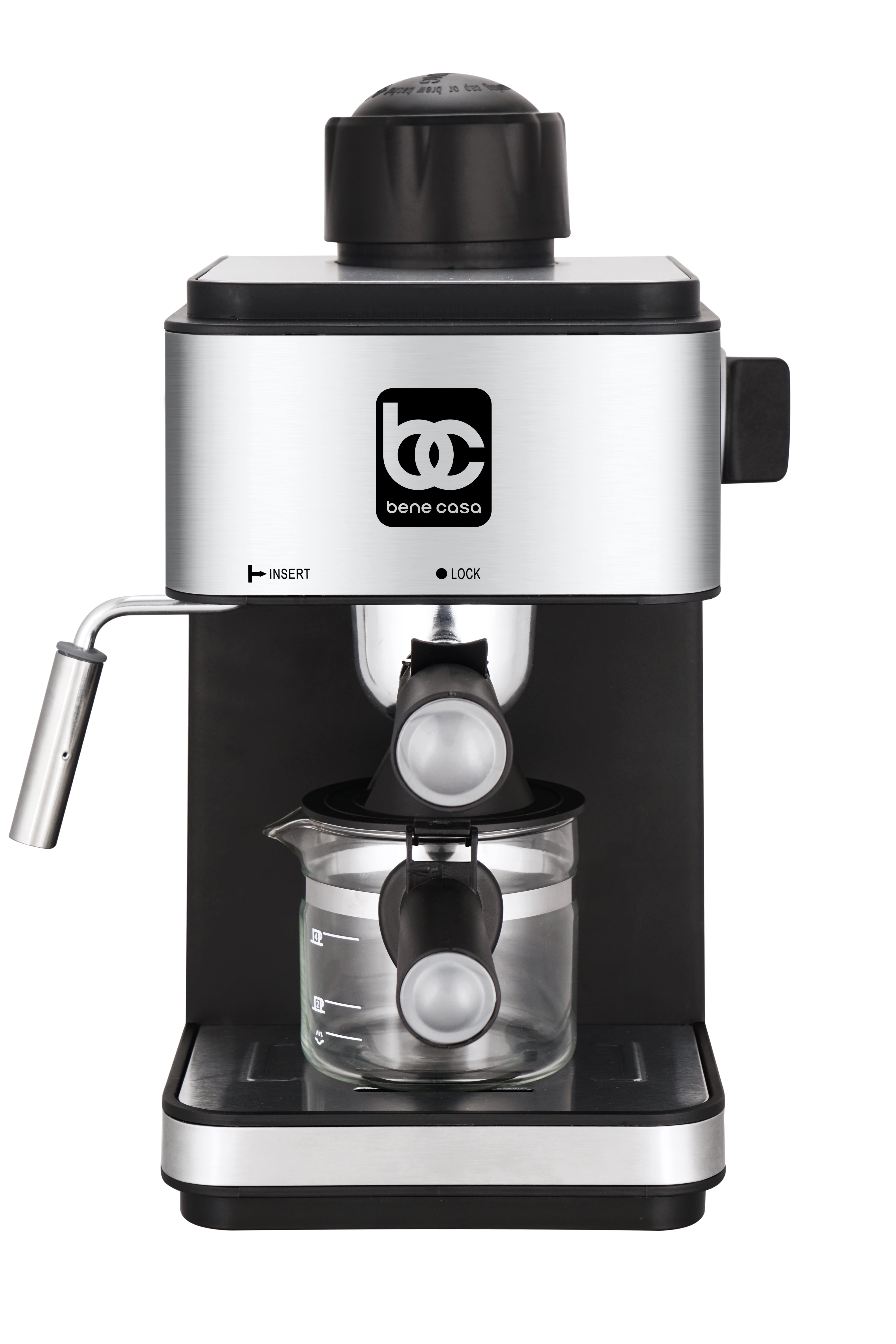 Bene Casa Deluxe Stainless Steel & Black 4-Shot Steam Espresso, Cappuccino, and Latte Maker
