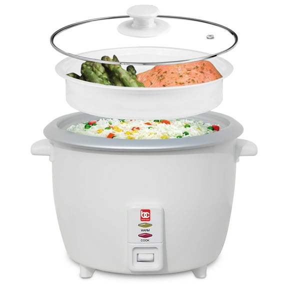 Bene Casa Electric Rice Cooker 6 Cup Rice Pot with Glass Lid & Food Steamer, White