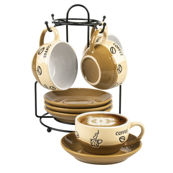 Bene Casa 9-piece Espresso set with metal stand, 4 espresso cup set, cup and saucer set,4-person espresso set, dishwasher safe