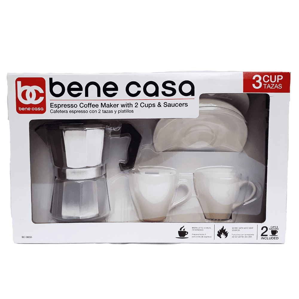 Bene Casa Express Stovetop Coffee maker, 3-Cup, Aluminum Silver with 2  white ceramic cups and 2 plates 