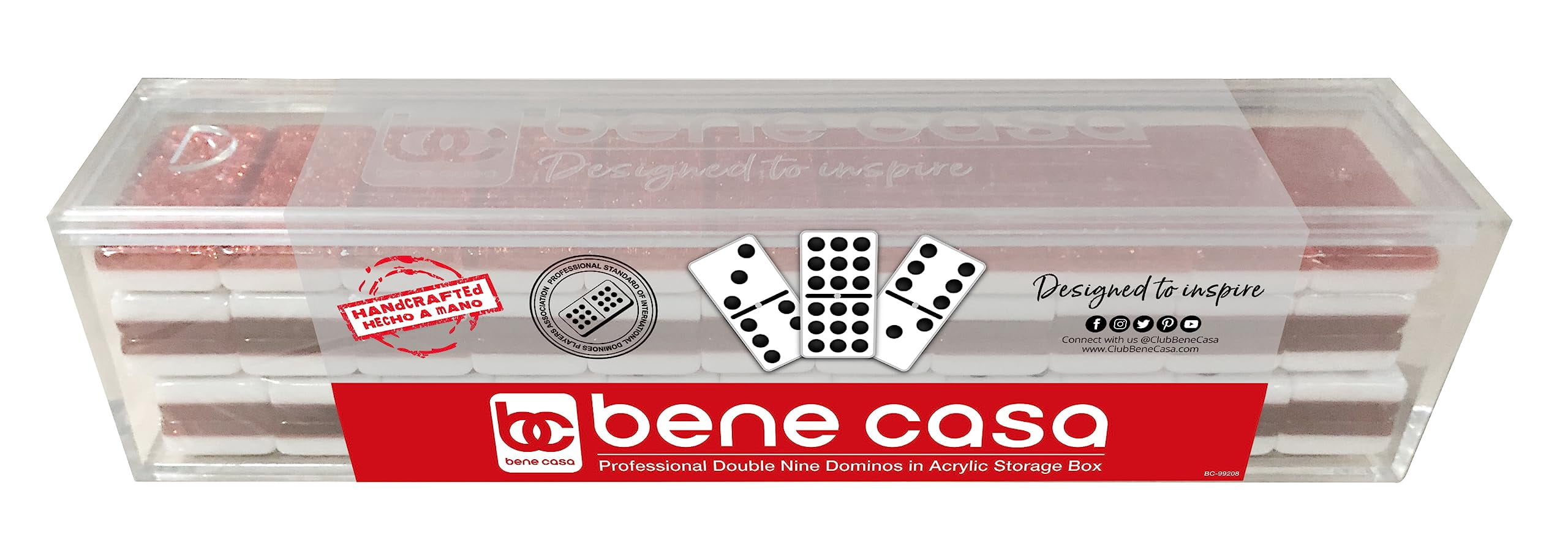 Bene Casa 55-Tile Professional Double 9 Domino Set with Acrylic Storage Box, Glossy White