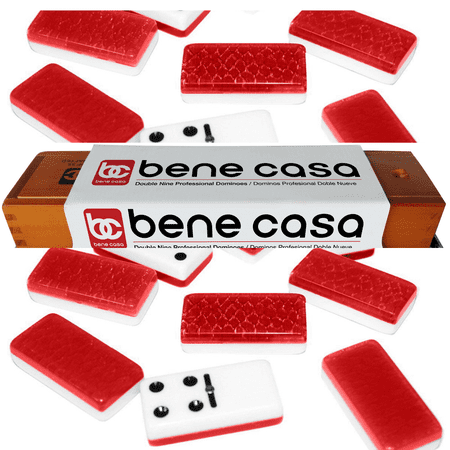 Bene Casa RED Double Nine High Glass Dominoes Set, Includes 55 Dominoes ,Comes in Natural Wooden Storage Box With Walnut Finish.