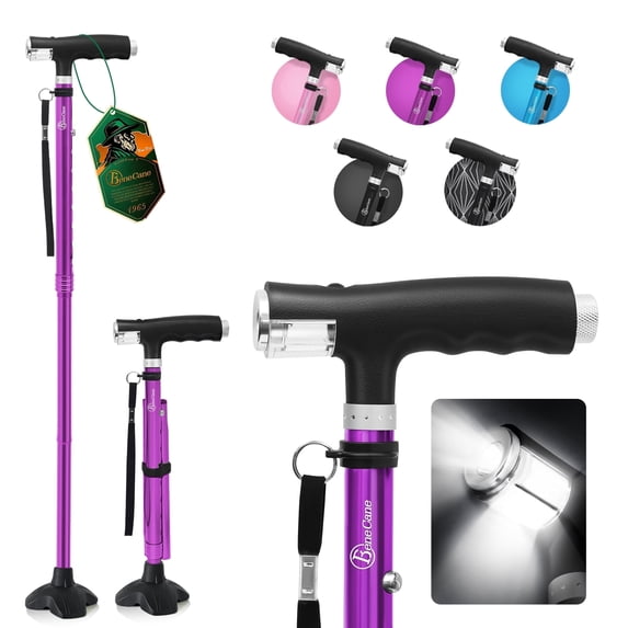 BeneCane Folding Cane with Dual LED Lights, Adjustable Quad Cane for Men and Women, Lightweight Aluminum Walking Cane with Self-Standing Base and Carry Bag