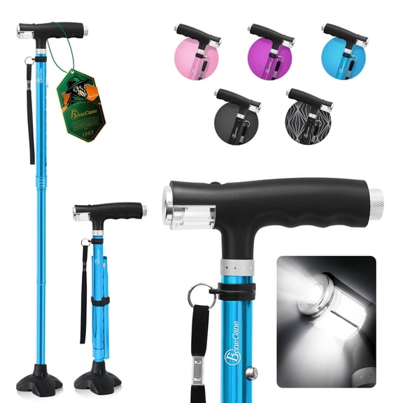BeneCane Folding Cane with Dual LED Lights, Adjustable Quad Cane for Men and Women, Lightweight Aluminum Walking Cane with Self-Standing Base and Carry Bag