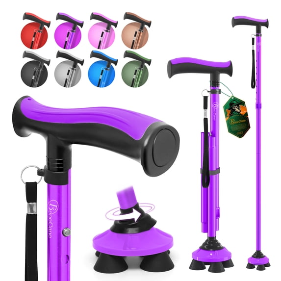 BeneCane Folding Cane for Men and Women, Lightweight Quad Cane for Seniors, Adjustable Aluminum Walking Cane with Self-Standing Base and Travel Bag