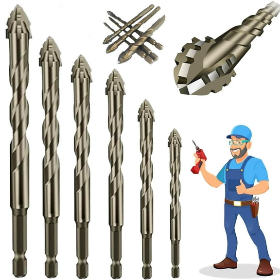 Beneathk New Four-Flute Sawtooth Eccentric Drill Bit Set(1 Set 6 PCS), Four Blade Serrated Eccentric Drill, High-Strength Skewed Head Drill for Ceramic Tile, Stone and Glass (4+5+6+8+10+12)