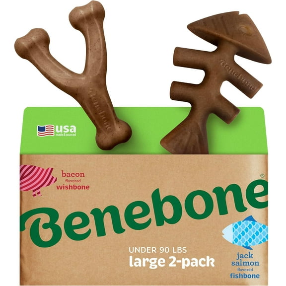 Benebone 2-pack Fishbone/Wishbone Durable Dog Chew Toys, Real Fish, Real Bacon, Made in , Large