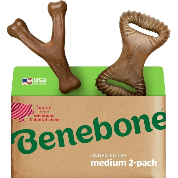 Benebone 2-Pack Fishbone/Wishbone Durable Dog Chew Toys, Real Fish, Real Bacon, Large