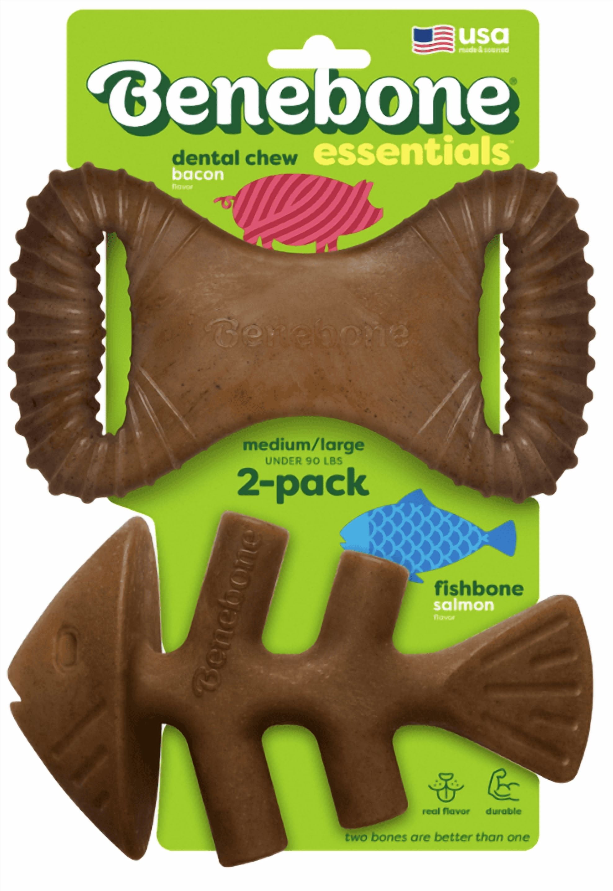 Benebone Essentials 2-Pack Salmon Fishbone and Bacon Dental Chew M/L