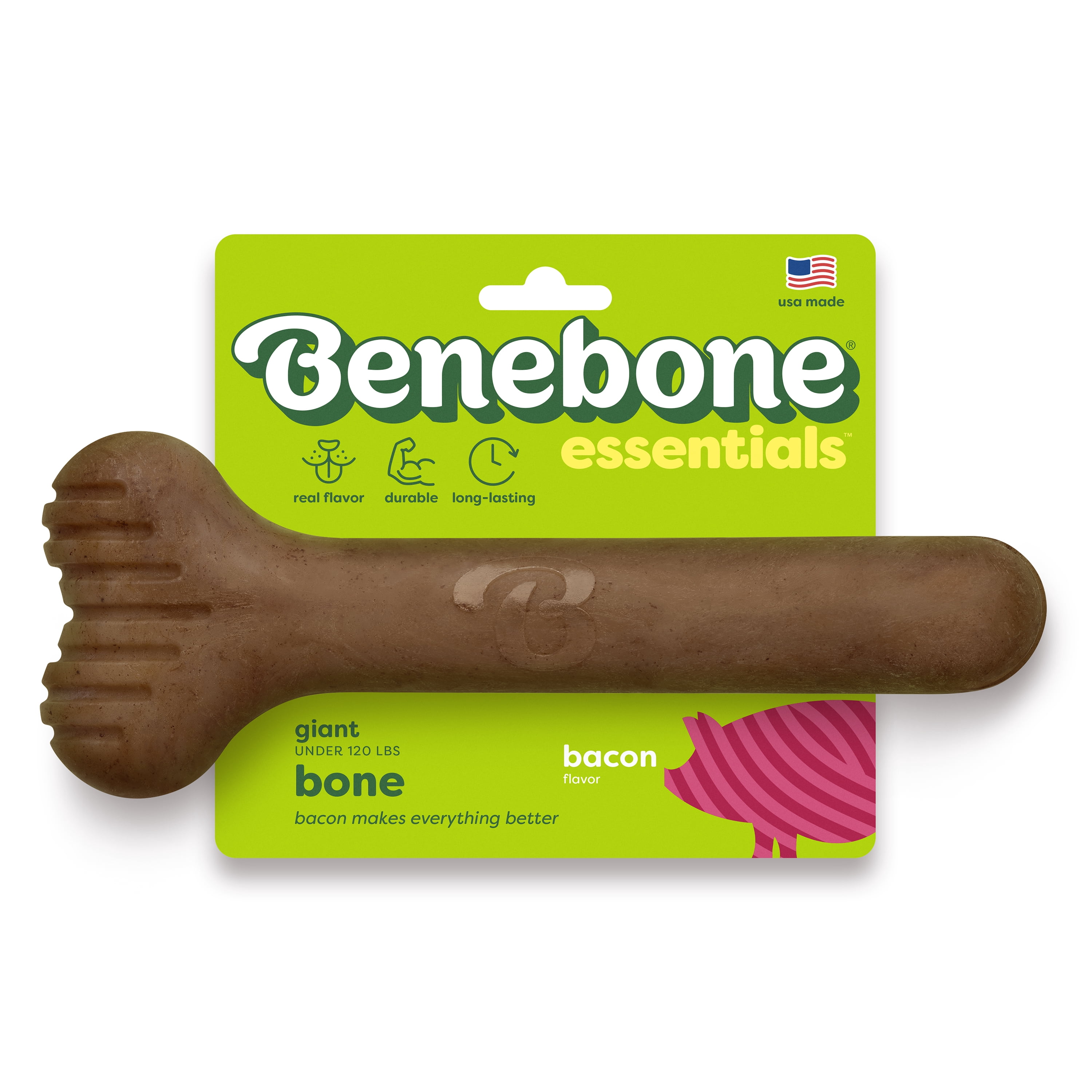 Benebone Essentials Bone Durable Dog Chew Toy for Aggressive Chewers, Real Bacon, Giant