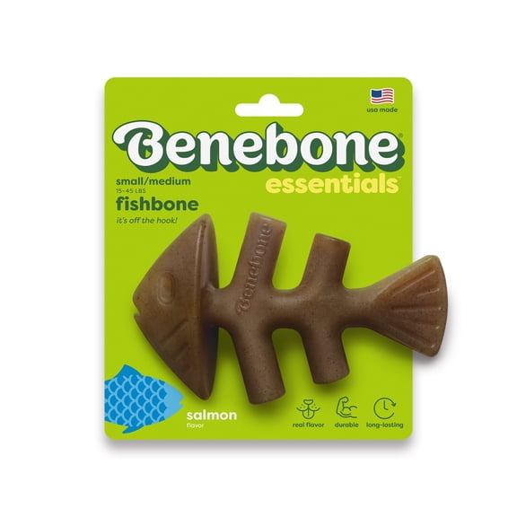 Benebone Essentials Fishbone Durable Dog Chew Toy for Aggressive Chewers, Real Fish, S/M
