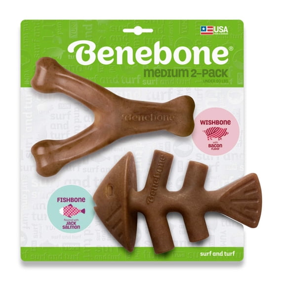 Benebone Fishbone Wishbone Dog Chew Toy Bacon, 1ea/MD|2 pk