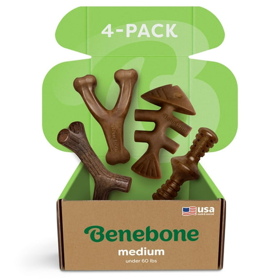 Benebone Medium 4-Pack Dog Chew Toys for Aggressive Chewers, 60lbs and Under