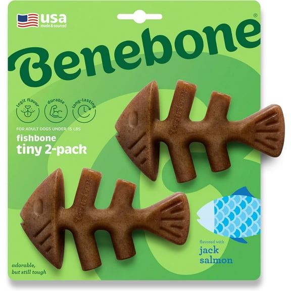 Benebone Tiny 2-Pack Fishbone Durable Dog Chew Toys, Real Fish Flavor