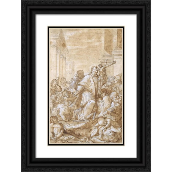 Benedetto Luti 17x24 Black Ornate Framed Double Matted Museum Art Print Titled: Saint Carlo Borromeo Among the Plague Sufferers (1715)